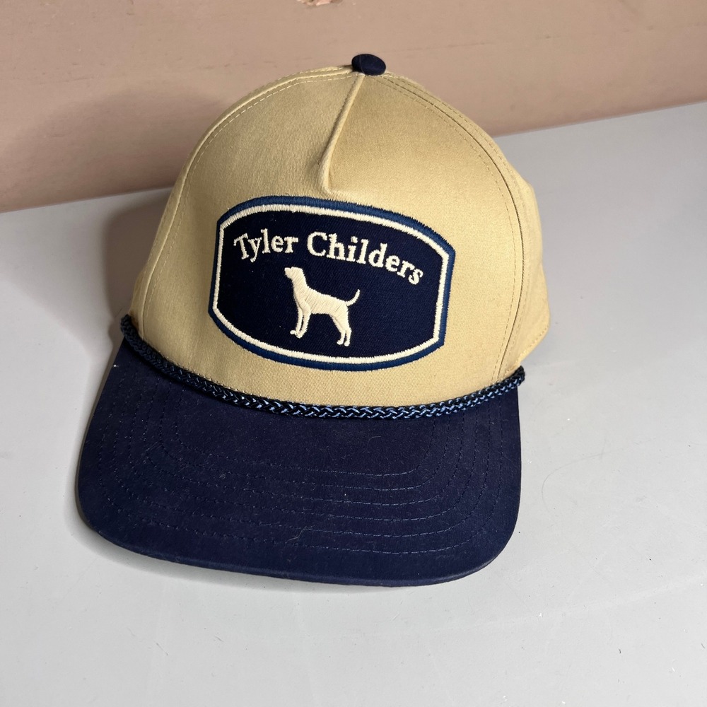 Tyler Childers Hound Logo Snapback Hat Tan Navy Blue Rope Trucker Cap Official